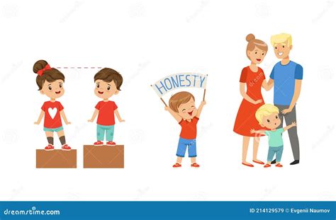 Kind And Fair Little Girl And Boy Character Holding Honesty Banner And