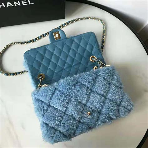 Chanel Women Flap Bag In Shearling Lambskin Leather Blue Lulux