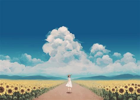 573095 Sunflowers Anime Girls Dress Sky Clouds Original Characters