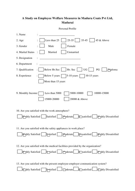 Questionnaire On Employee Satisfaction Towards Welfare Measures