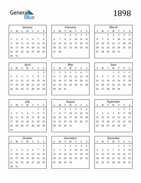 1898 Calendar Pdf Word Excel