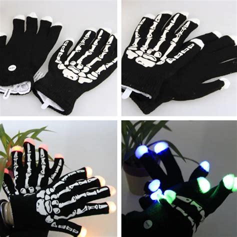 1pair Black Skeleton Led Gloves Fingers Light Up Toy Hip Hop Fashion