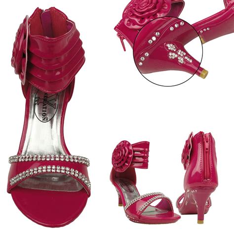 Girls Dress Sandals Rhinestones High Heel Flower Rosette Fuchsia Youth