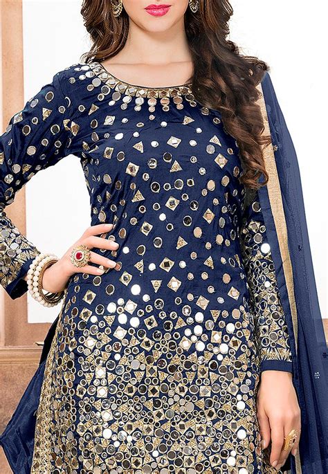 Embroidered Taffeta Silk Punjabi Suit In Navy Blue Kch974