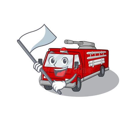 Funny Fire Truck Cartoon Character Style Holding A Standing Flag Stock