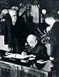 Count Carlo Sforza, Minister of Foreign Affairs, signs the North ...