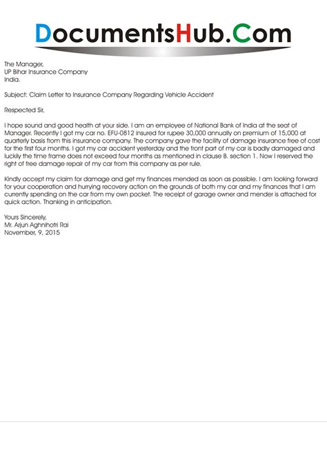 Sample Letter To Insurance Company For Claim Financial Report