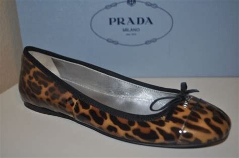 Nib 575 Prada Leopard Print Patent Logo Bow Cap Toe Ballet Flat Shoe