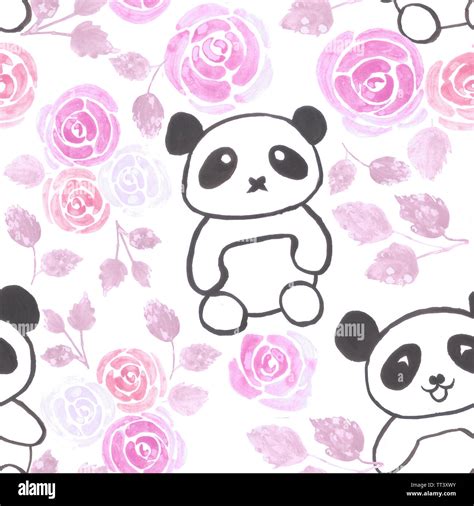 Pandas And Pink Roses Seamless Background Stock Photo Alamy