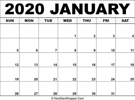 A Calendar For January 2020 Month Calendar Printable