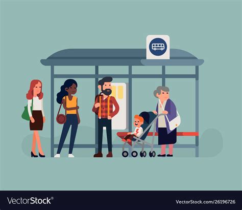 People Waiting Their Bus At Bus Stop Royalty Free Vector