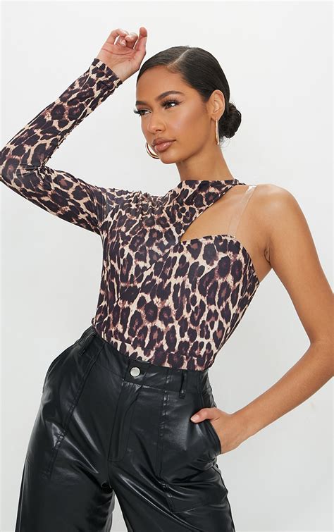 tan slinky leopard print one shoulder bodysuit prettylittlething ca