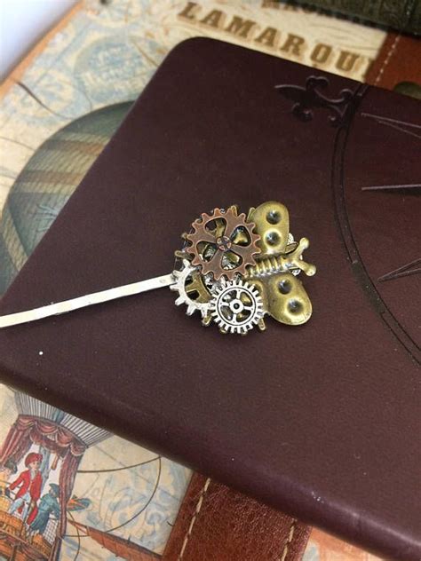 Butterfly Hair Clip Bronze With Cogs On Silver Bobby Pin Hair
