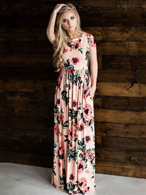 Womens Maxi Dresses Floral Print Short Sleeve Summer Long Dress Td