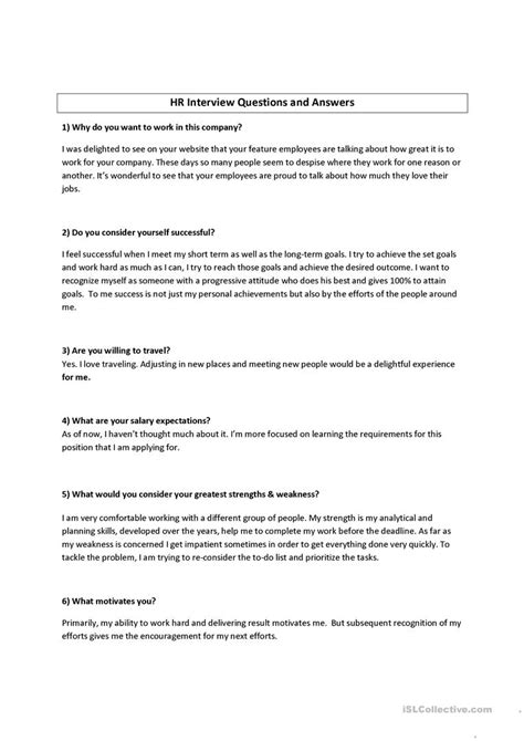 In order to answer this job interview question effectively, you must be succinct, confident, but not overtly conceited. HR Interview Questions and Answers - English ESL ...