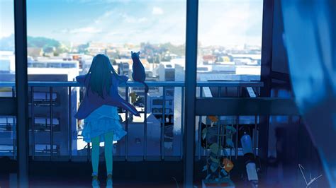 City Anime Girls Original Characters Cat Window Balcony Sky