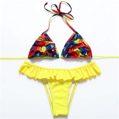 Trangel Ruffle Halter Swimsuit Brazilian Bikini Set Women Swimming Suit Sexy Micro Triangle Top