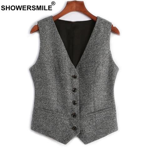 Showersmile Womens Gray Vest Vintage Suit Vest With Pockets Single Breasted Slim Fit Waistcoat
