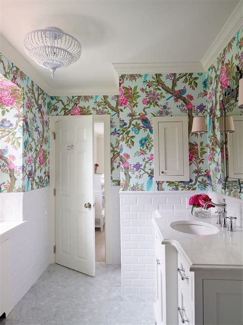 Portland White Damask Wallpaper Bathroom Midcentury With Sconce Nature Floral Print Mid Century