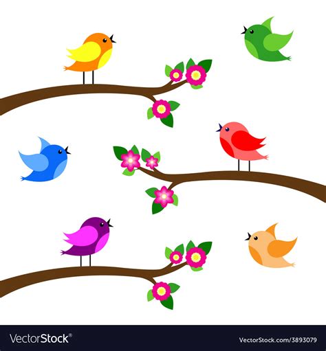 Birds Colorful On Tree Branches Silhouettes Vector Image