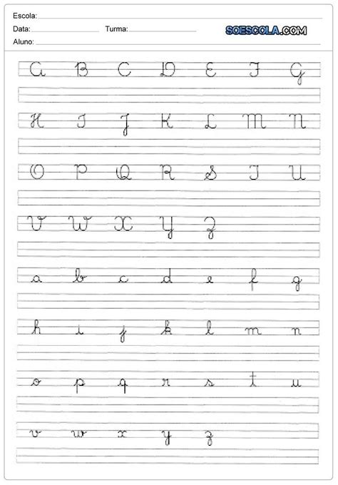 Caligrafia do alfabeto letras cursivas maiúsculas e minúsculas
