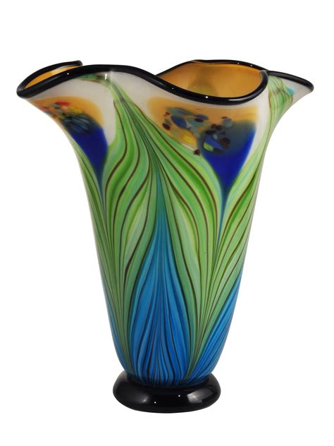 12” Amber Green And Blue Decorative Art Glass Vase