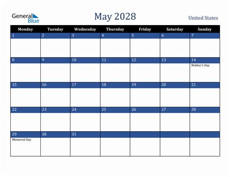 May 2028 United States Monthly Calendar With Holidays
