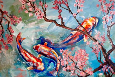 Colorful Original Koi Fish Painting Print On Canvas Or Paper Cherry