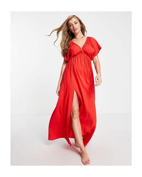 Asos Fuller Bust Flutter Sleeve Maxi Beach Dress In Red Lyst Uk