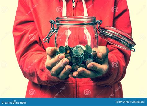 Woman Holding Money Jar With Coins Retro Style Stock Photo Image Of