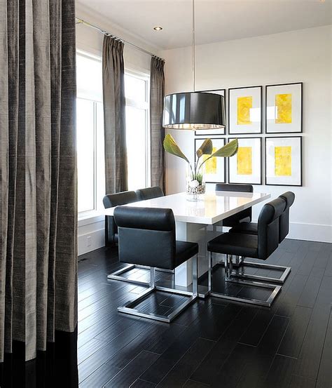 Living room, bedroom, dining room, patio Black floor adds to the appeal of this posh dining room ...