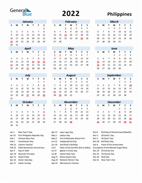 2022 Philippines Calendar With Holidays