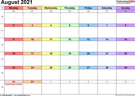 Calendar August 2021 Uk Bank Holidays Excelpdfword Templates