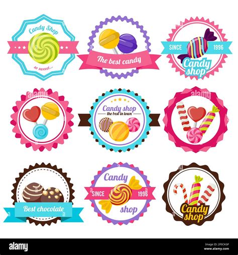 Sweet Candy Flat Emblem Or Round Logos In Different Colors With