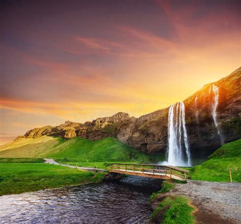 Seljalandfoss Waterfall Beautiful Summer Sunny Day Iceland Stock