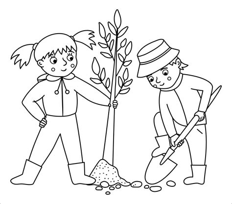 Vector Black And White Children Planting Tree Illustration Cute