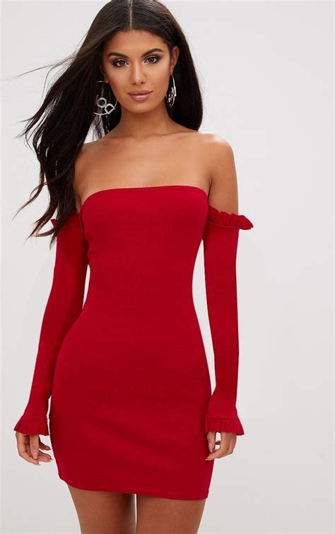 Red Ribbed Frill Bardot Bodycon Dress Women S Fashion Dresses Dress