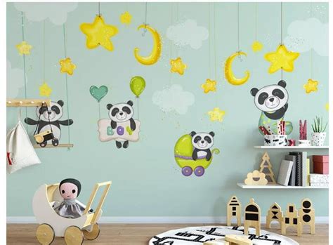 Hand Painted Cartoon Pandas Nursery Wallpaper Wall Mural Etsy