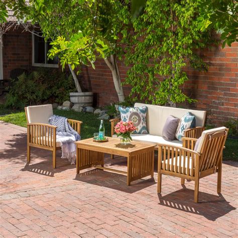 Noble House Carolina Brown 4 Piece Wood Patio Conversation Set With