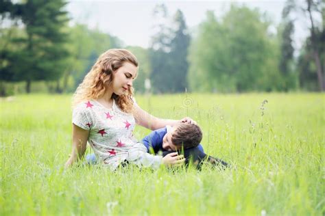 Mother Gently Stroked Her Son Stock Image Image Of Mother Grass 73554735