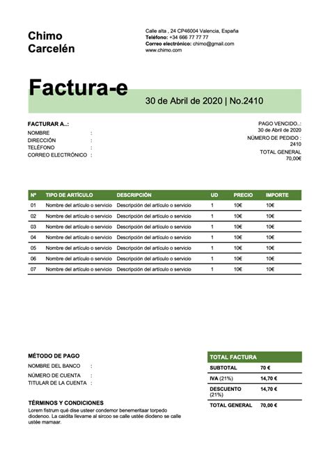 100 Modelos De Factura Gratis Imprima Y Env 237 E Facturas Pdf