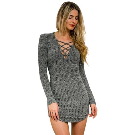 Women Knitted Dress Long Sleeve V Neck Lace Up Casual Bodycon Dress