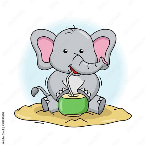 Cartoon Illustration Of Cute Elephant Drinking Coconut Water Stock