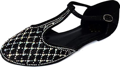 Weheartshoes Womens Diamante T Bar Ballet Pumps Flat Sandals With Ankle Strap Size 3 8 Amazon