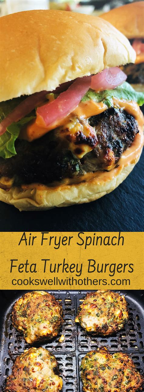 At the 5 minute mark (halfway through cooking your hamburger), flip the patty over to ensure that it will cook evenly. Air Fryer Spinach Feta Turkey Burgers - Cooks Well With ...