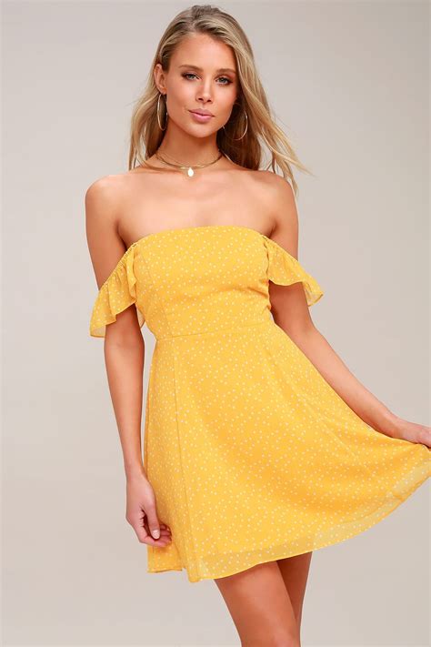 Dots Of You Yellow Polka Dot Off The Shoulder Skater Dress Womens Yellow Dress Cocktail Dress