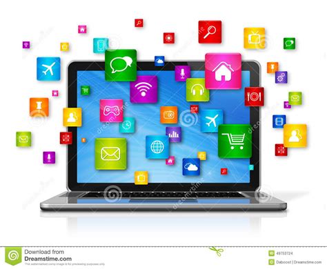 Laptop Computer And Flying Apps Icons Stock Illustration