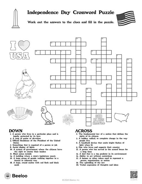 Independence Day Crossword Puzzle Beeloo Printable Crafts And