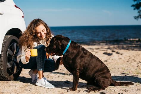 Junge Frau Mit Ihrem Hund Am Strand Kostenlose Foto