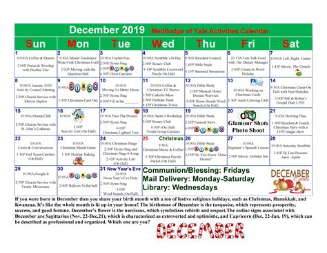 December 2019 Calendar Medilodge Of Yale